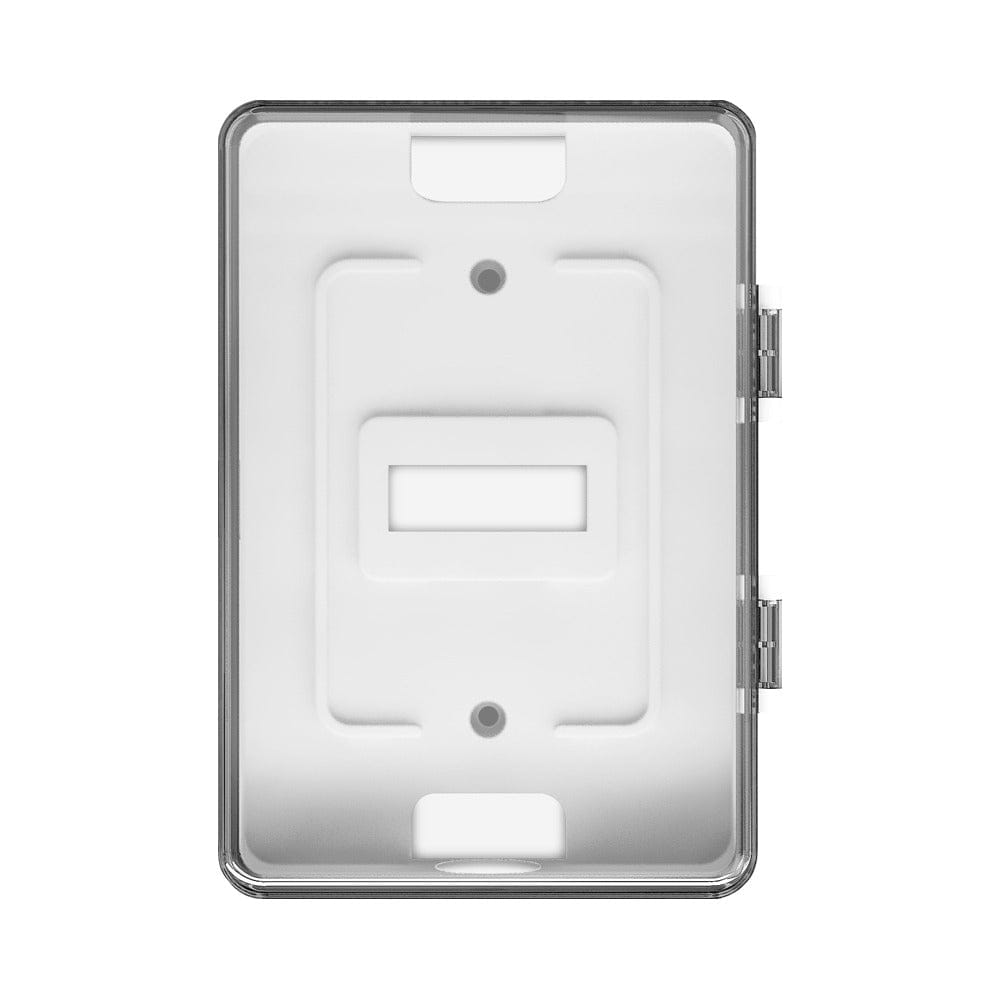 Clear weatherproof box cover with hinges for a device, on a white background.