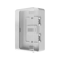 Transparent weatherproof box cover with clear hinges and a white backplate on a white background.