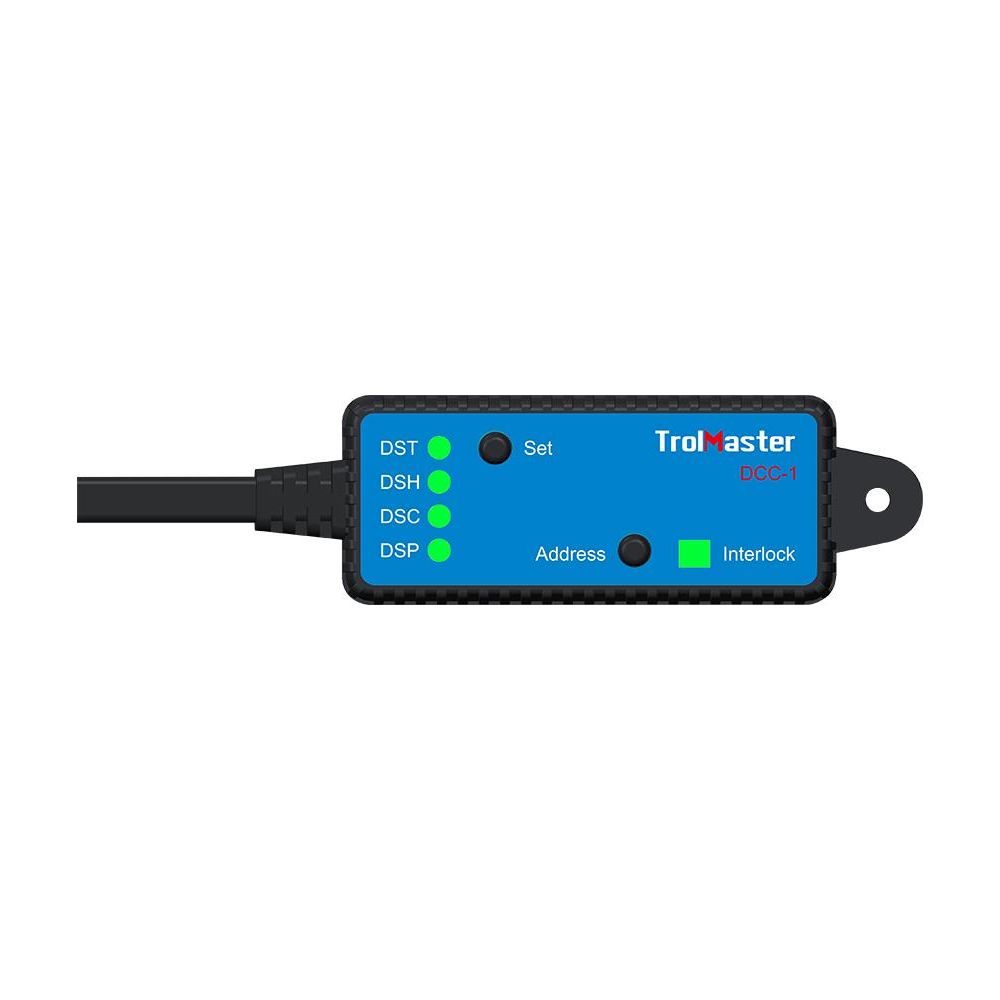 TrolMaster DCC-1 unit with LED indicators for DST, DSH, DSC, DSP, Set, Address, and Interlock.