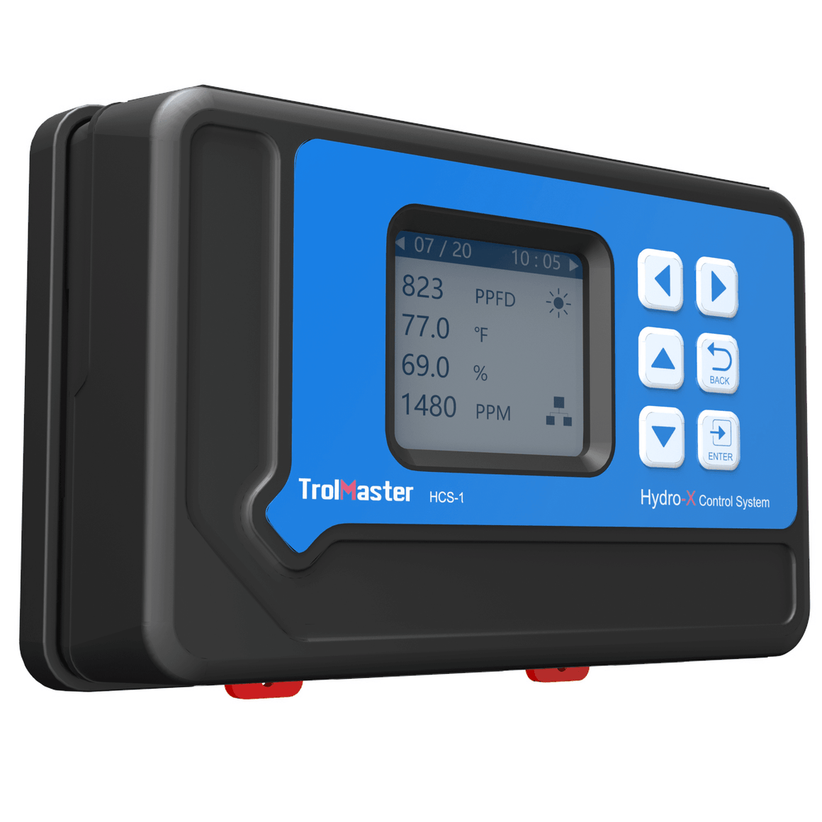 A black trolmaster Hydro-X HCS-1 control system with a blue faceplate, displaying date, time, and sensor readings.