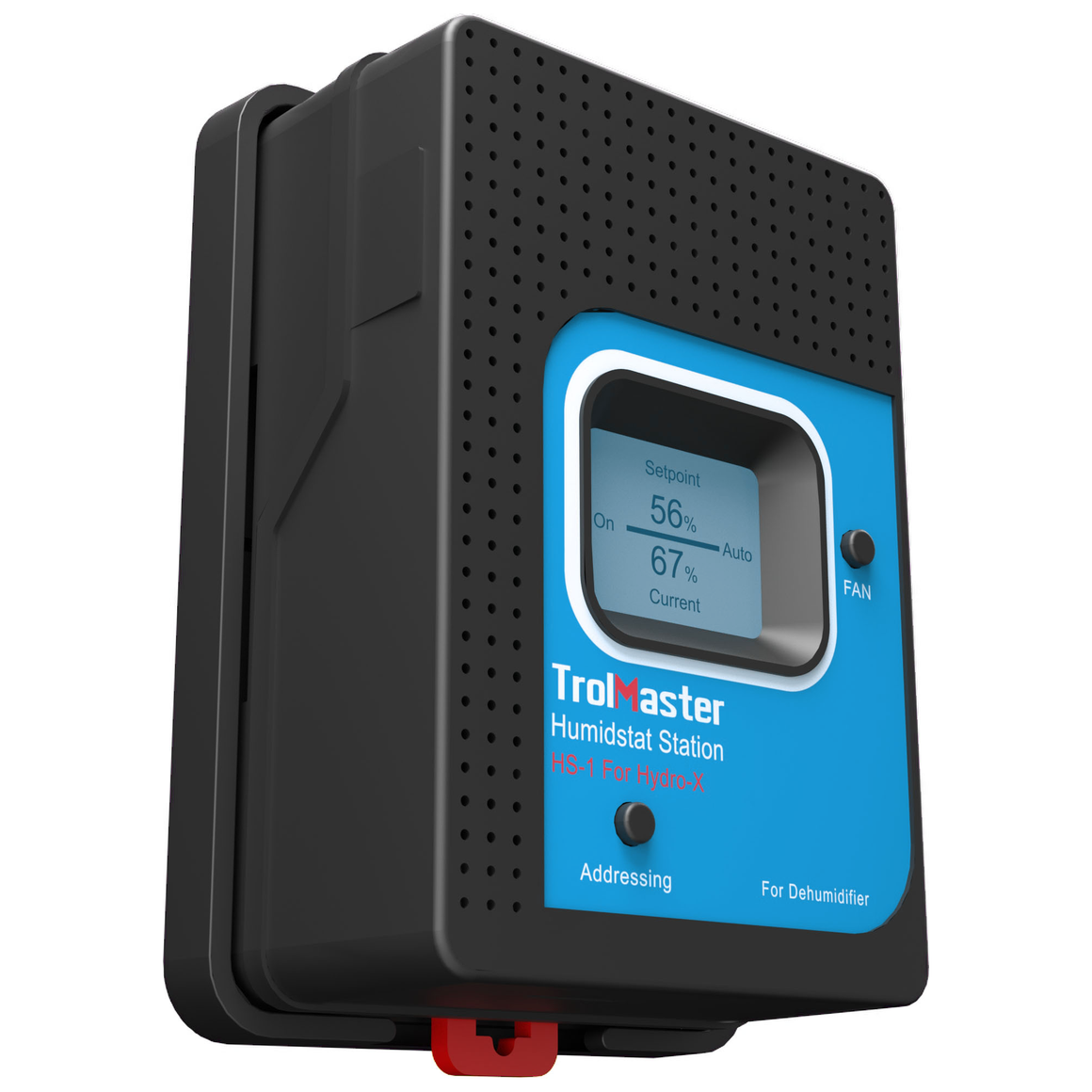 TrolMaster HS-1 Humidistat Station for Hydro-X, with display showing setpoint 56% and current 67% humidity.