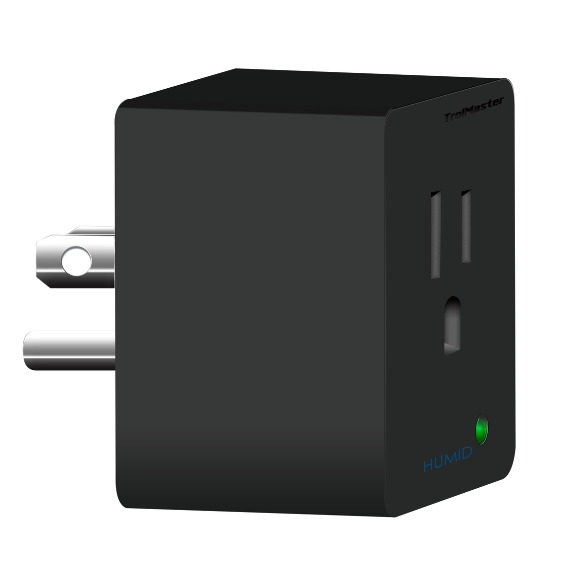 Black TrollMaster smart plug with a green indicator light and "HUMID" text.