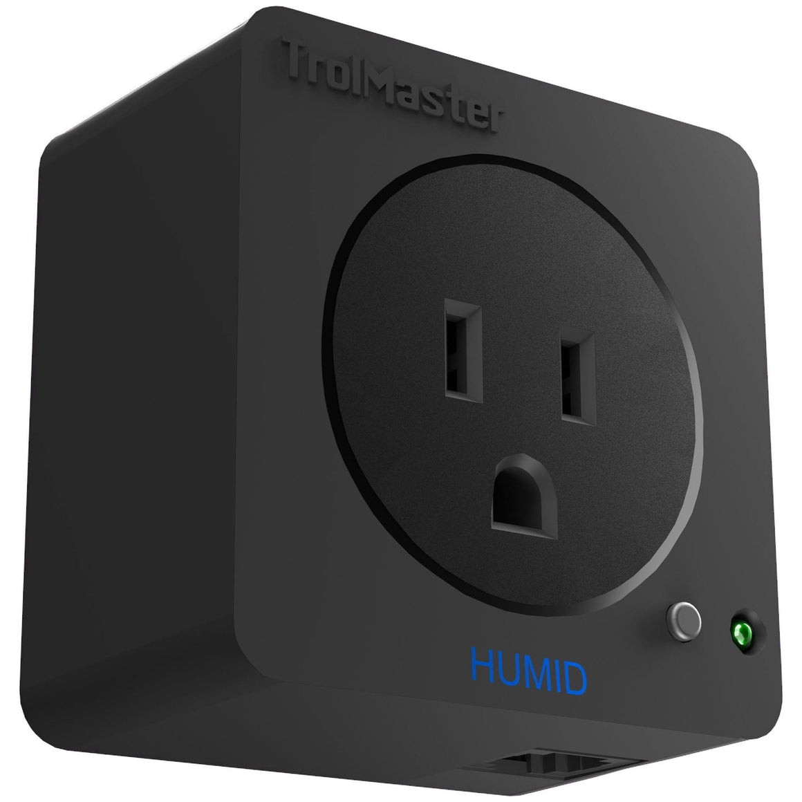 Black TrolMaster "HUMID" device with a central outlet, blue text, a silver button, and a green indicator light.