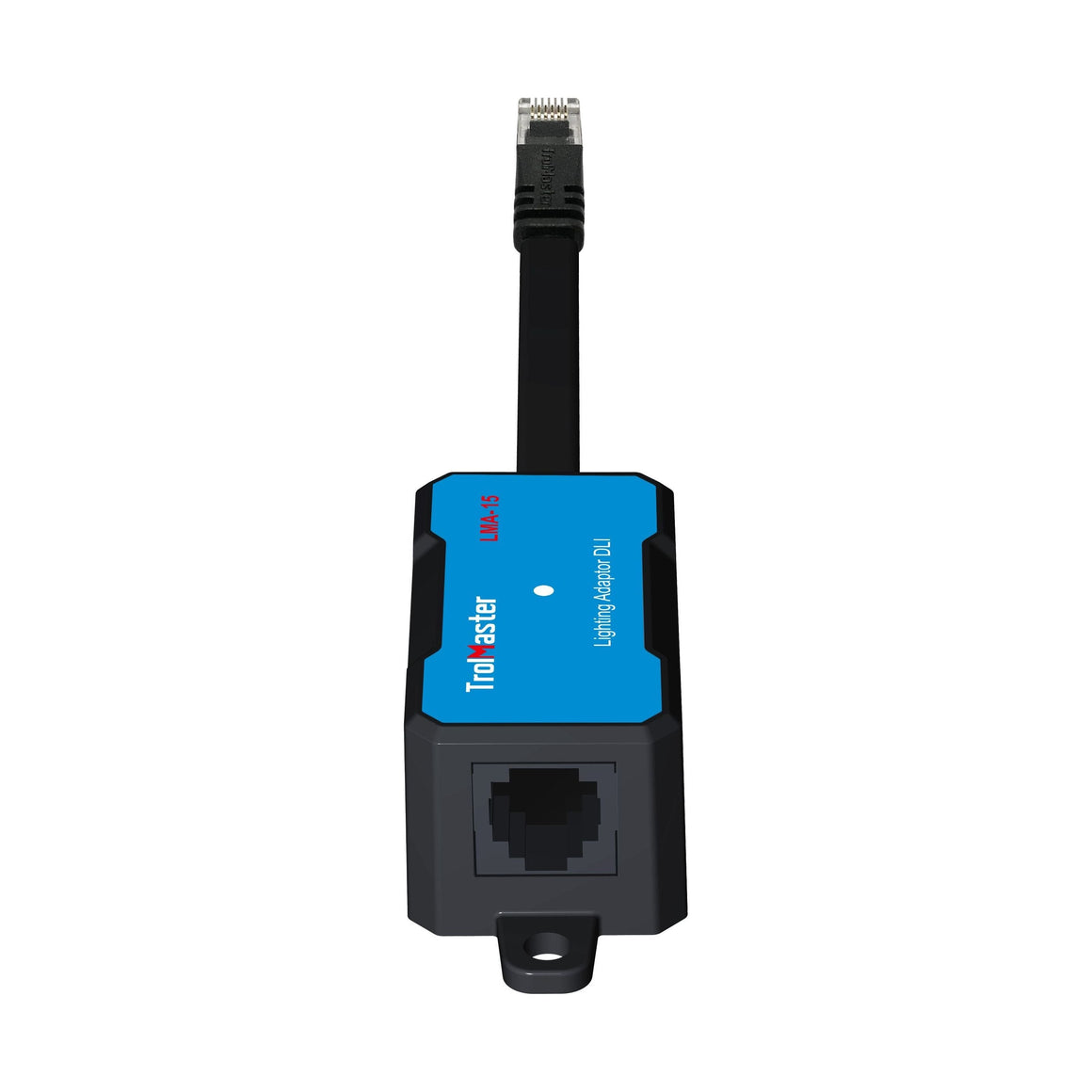 TrolMaster LMA-15 DLI lighting adapter with RJ45 connector, black housing, and blue label.