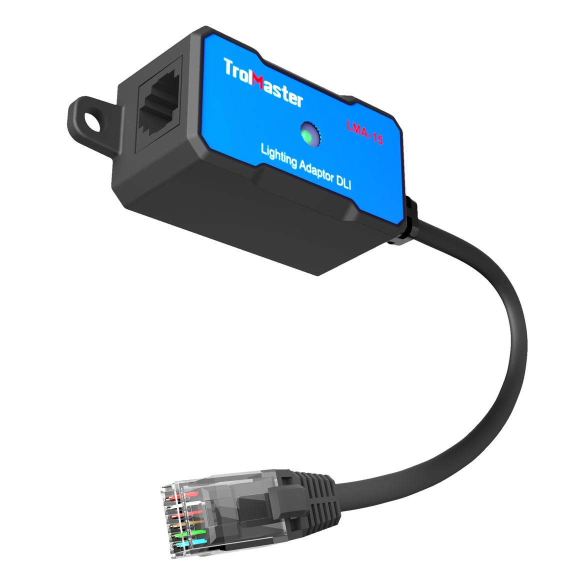 A blue and black TrolMaster LMA-15 lighting adaptor DLI with RJ45 connector and cable.