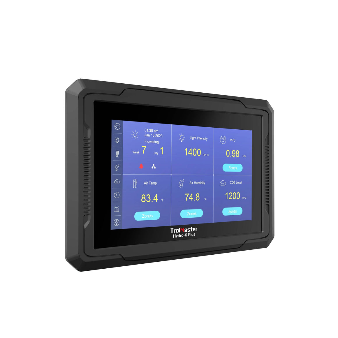 Trolmaster Hydro-X Plus controller shows temp, humidity, light, and CO2 levels.