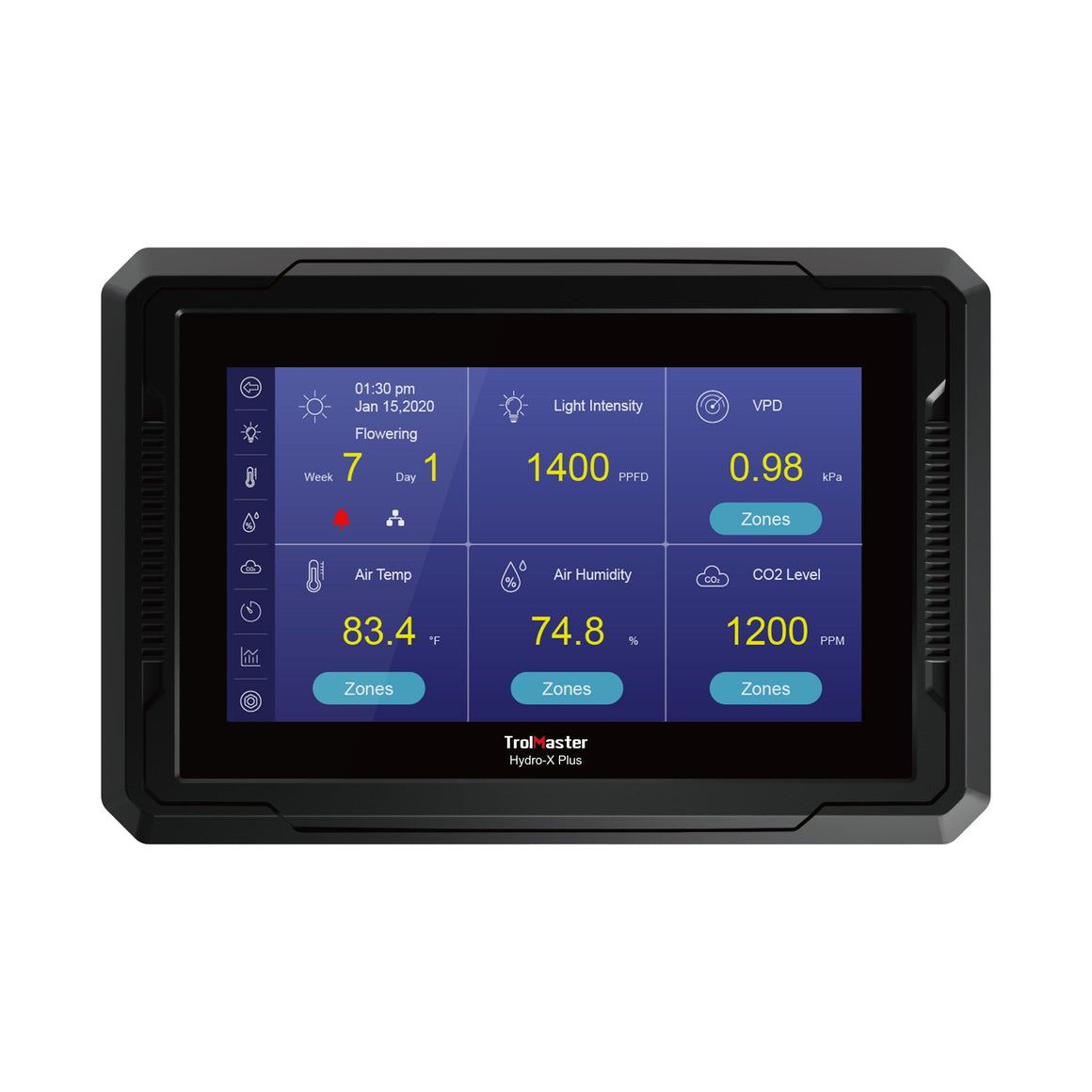 TrolMaster Hydro-X Plus environmental controller screen showing current readings for week, day, light intensity, VPD, air temp, air humidity, and CO2 level.