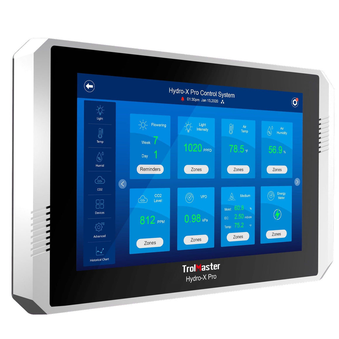 TrolMaster Hydro-X Pro environmental controller with digital display showing plant growth data.