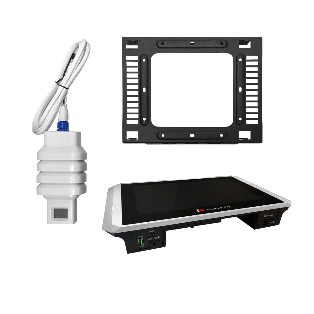 TrolMaster Hydro-X Pro environmental controller with accessories: sensor, controller unit, and bracket.