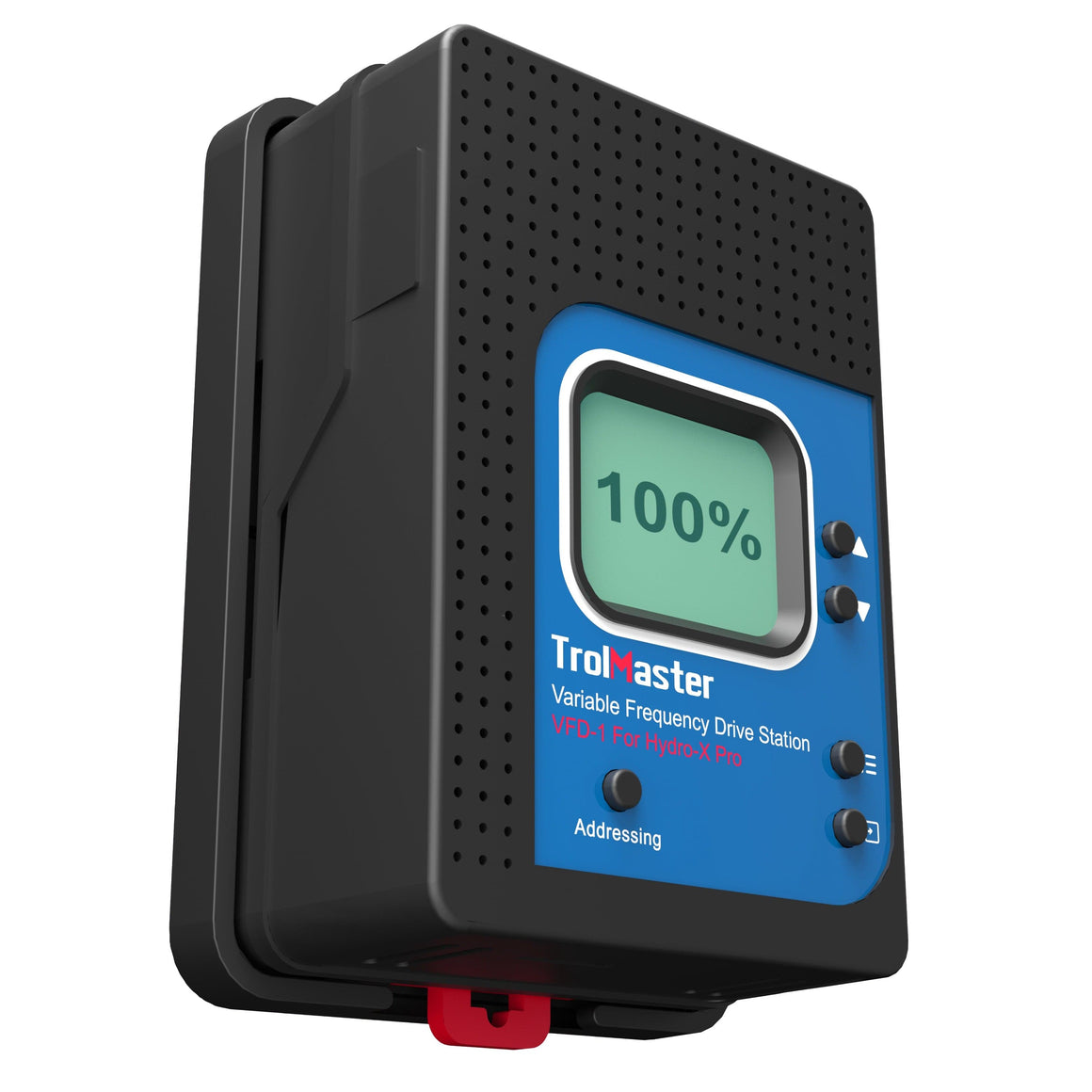TrolMaster Hydro-X Pro VFD-1 fan speed controller with 100% display, blue faceplate, and black casing.