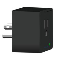 Black TrolMaster smart plug with two prongs, an outlet, and a green 