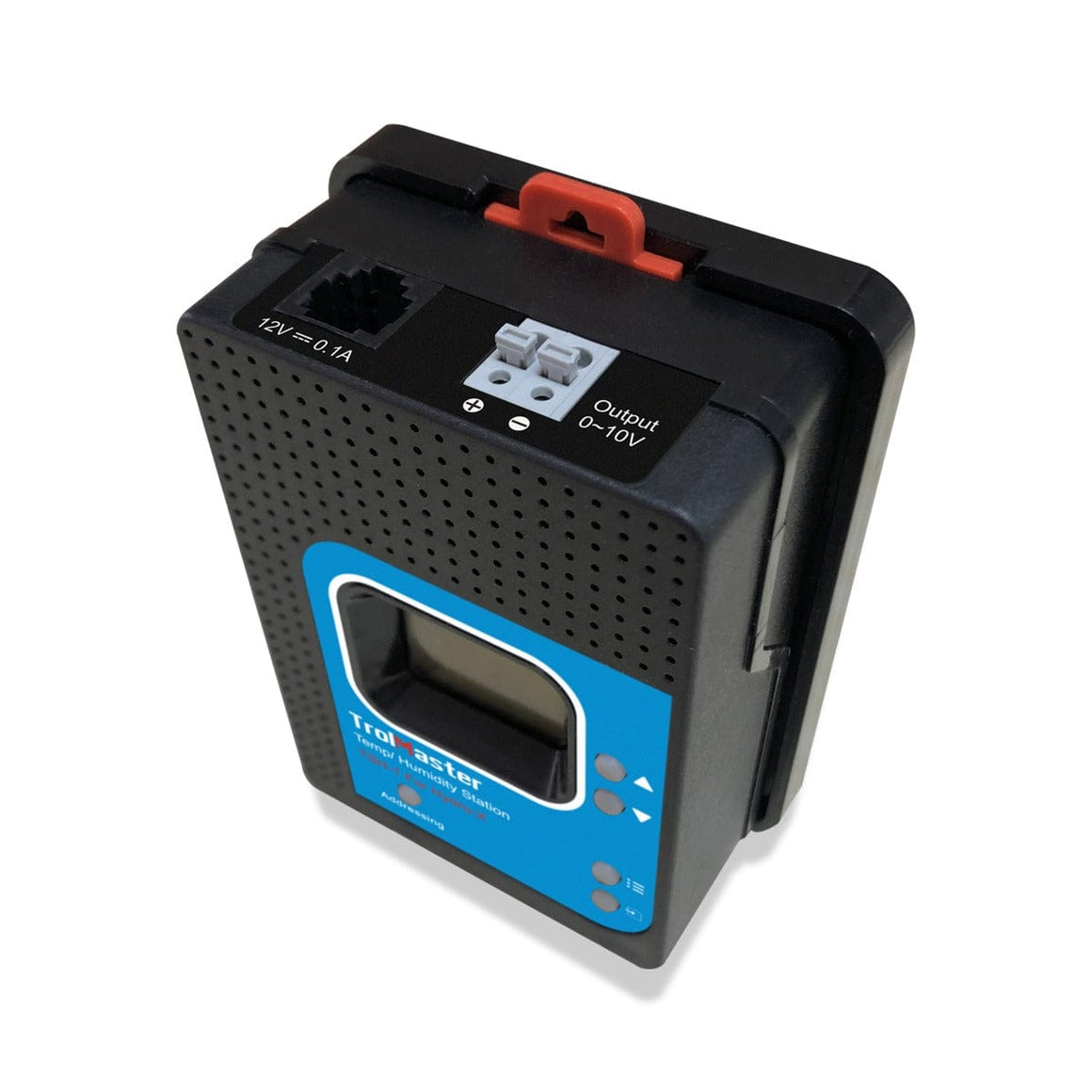 TrolMaster Hydro-X TSH-1 Temp/Humidity Station with 0-10V output, black enclosure, blue display.