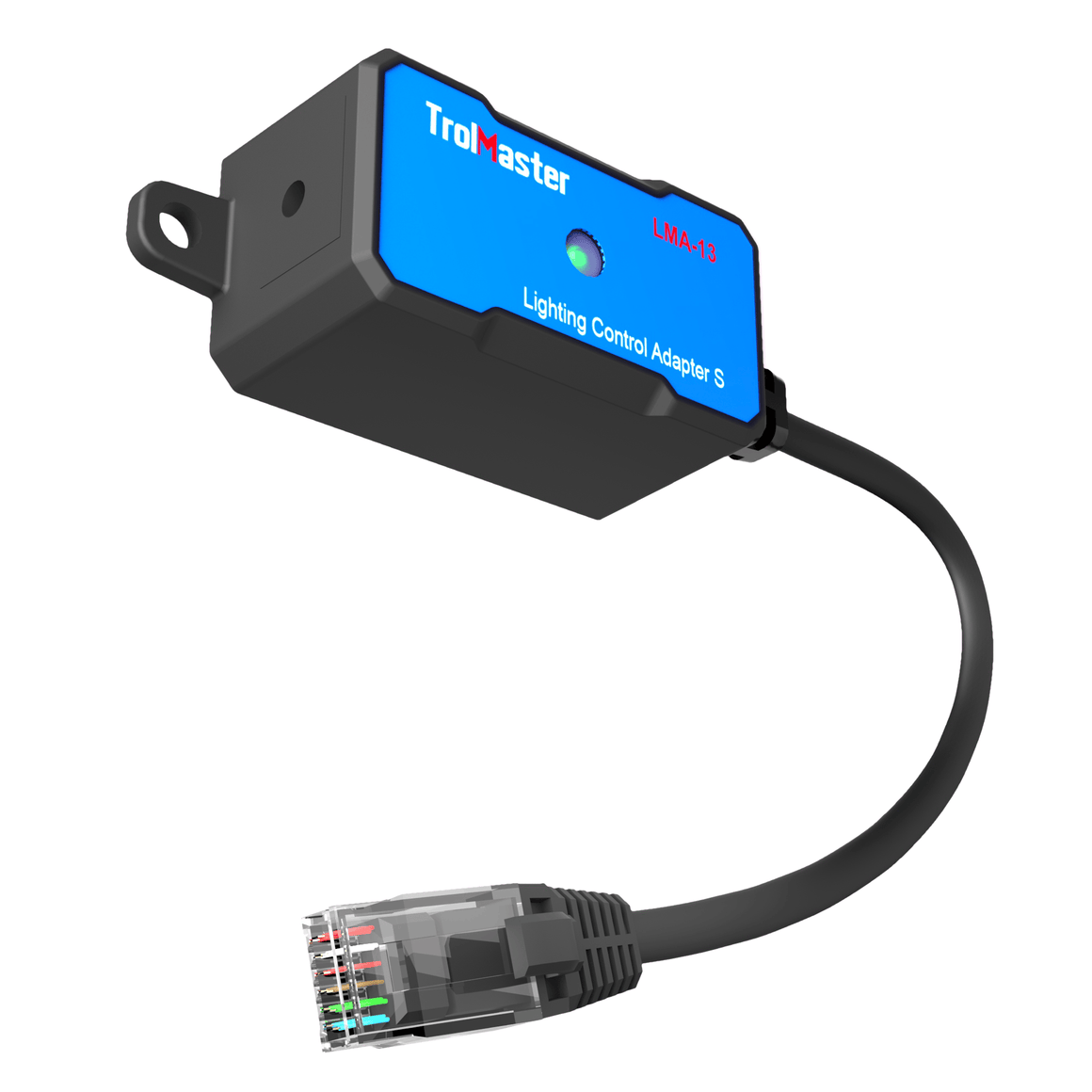 TrolMaster LMA-13 S lighting control adapter with a green LED and RJ45 connector, white background.