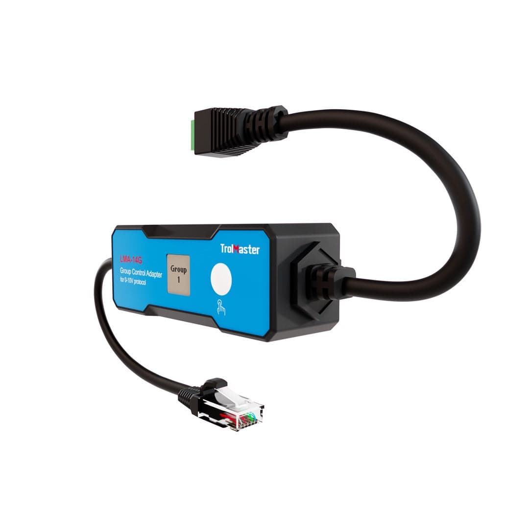 TrolMaster LMA-14G 0-10V Group Control adapter with RJ45 and green connector cables.