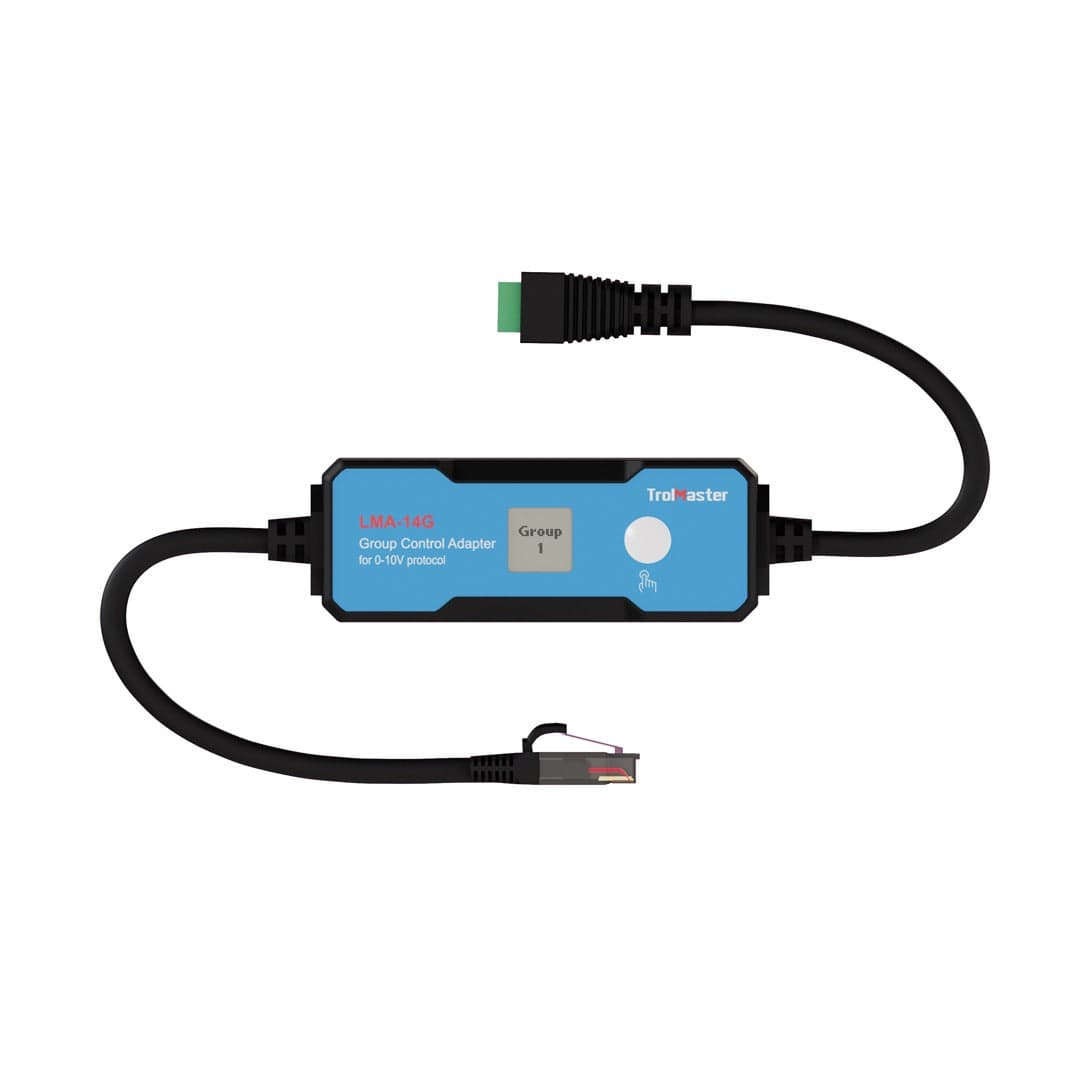 TrolMaster LMA-14G 0-10V group control lighting adapter with RJ45 and green connector.