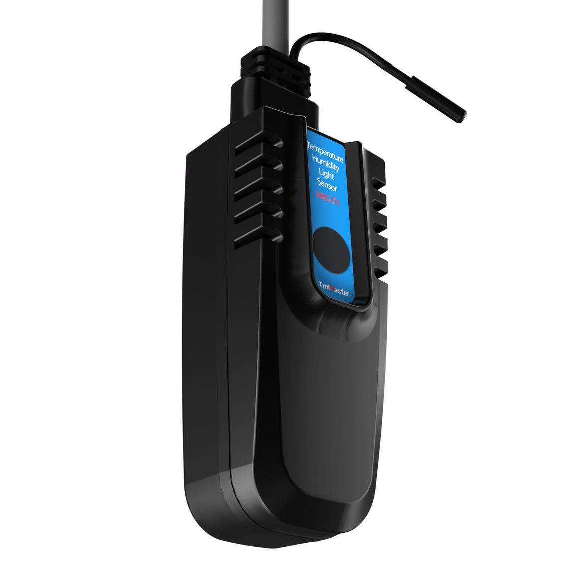 Black trolmaster MBS-TH temperature, humidity, and light sensor with a wire and probe.