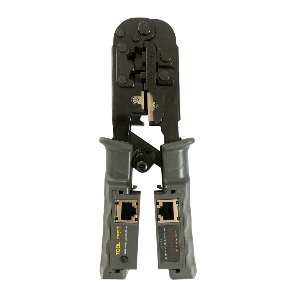 Network crimper with RJ45 ports and wire map cable tester.