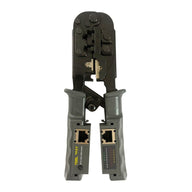 Network crimper with RJ45 ports and wire map cable tester.