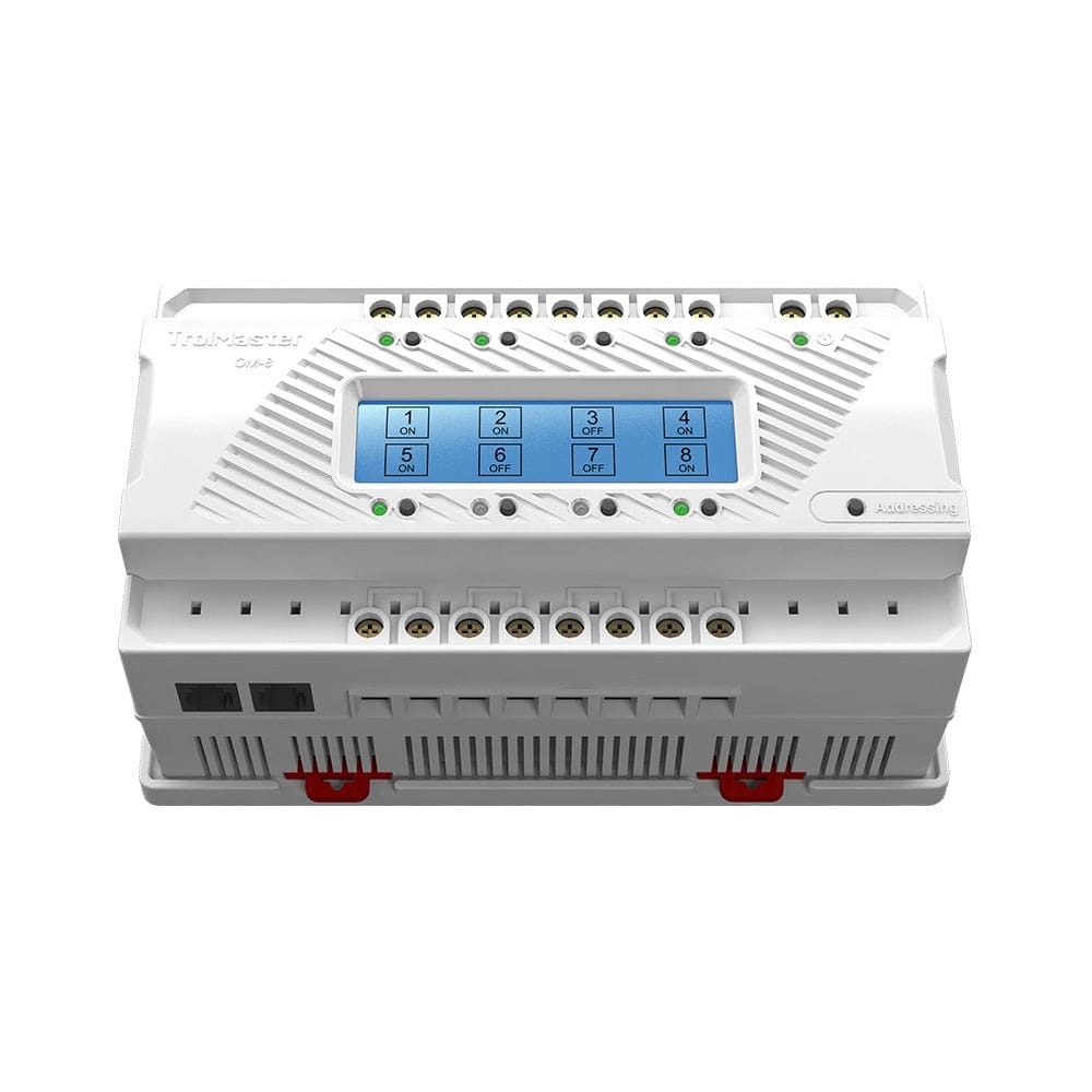 White TrolMaster OM-8 8-output dry contact board with illuminated buttons showing ON/OFF status.
