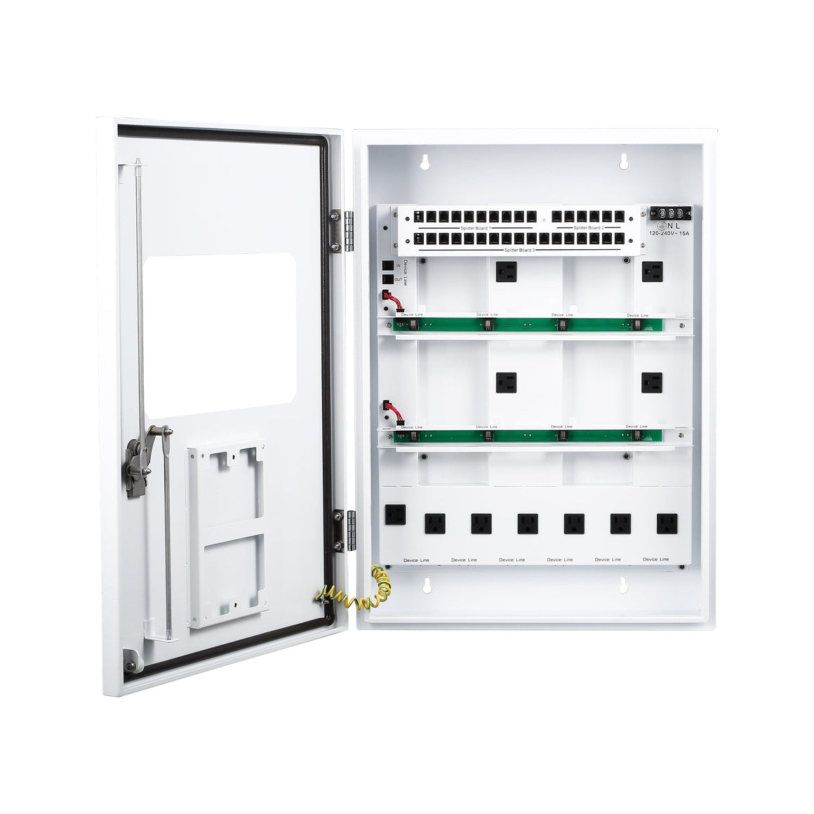 White, open cabinet with internal wiring, network ports, and power outlets.