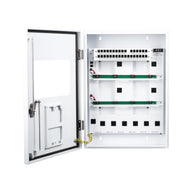White, open cabinet with internal wiring, network ports, and power outlets.