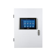 A white cabinet with a touchscreen display showing plant control system data.