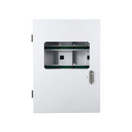 White controller cabinet with two viewing windows, displaying circuit boards with 