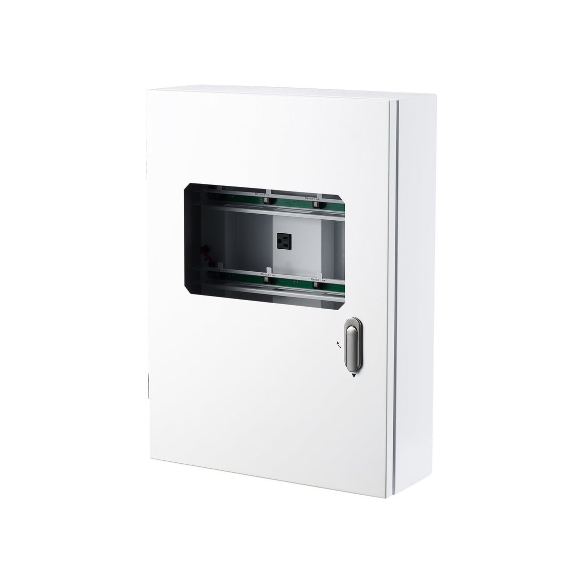 A white metal controller cabinet with a window showing an electrical outlet and circuit boards.