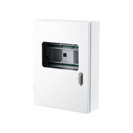 A white metal controller cabinet with a window showing an electrical outlet and circuit boards.