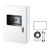 White controller cabinet with a door, vent, power outlet, and various accessories including cables and screws.