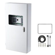 White metal controller cabinet with a window revealing internal components, next to accessories including cables and screws.