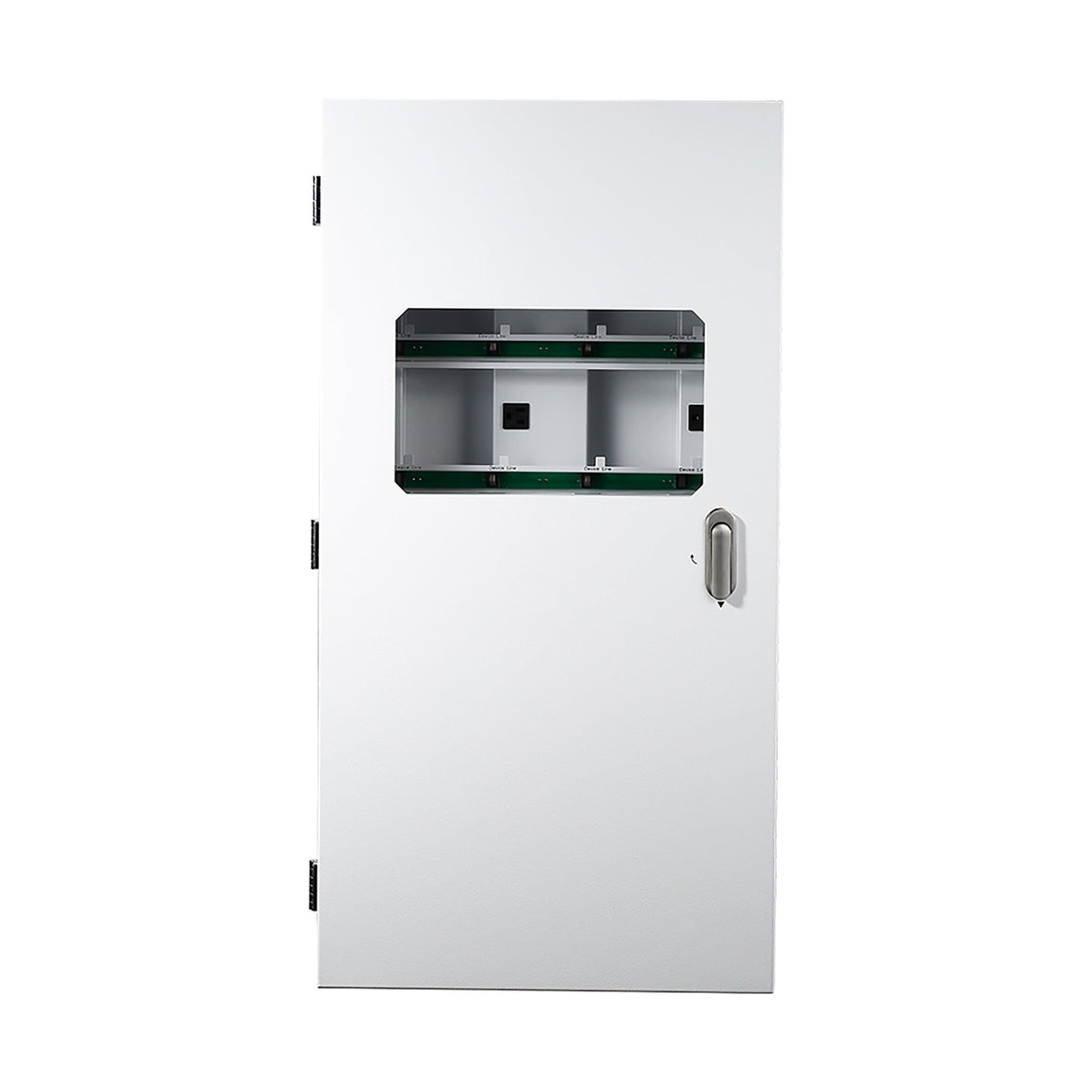 White controller cabinet with a clear window showing internal components and a silver handle.