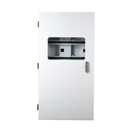 White controller cabinet with a clear window showing internal components and a silver handle.