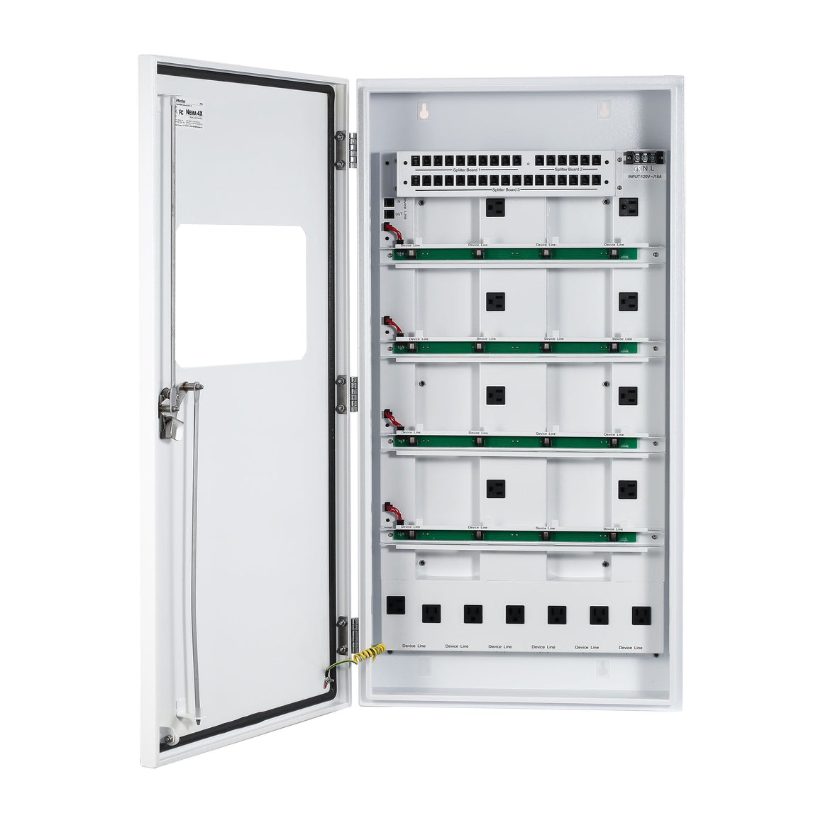 White controller cabinet with open door showing multiple splitter boards and device lines.