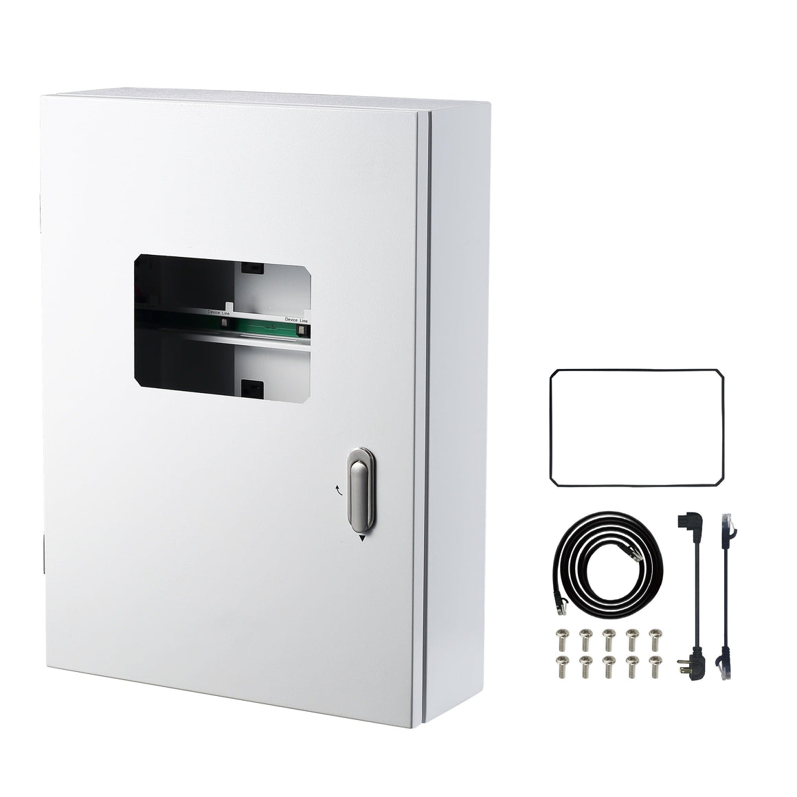 A white metal controller cabinet with accessories, including cables, screws, and a rubber seal.