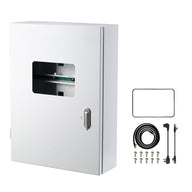 A white metal controller cabinet with accessories, including cables, screws, and a rubber seal.