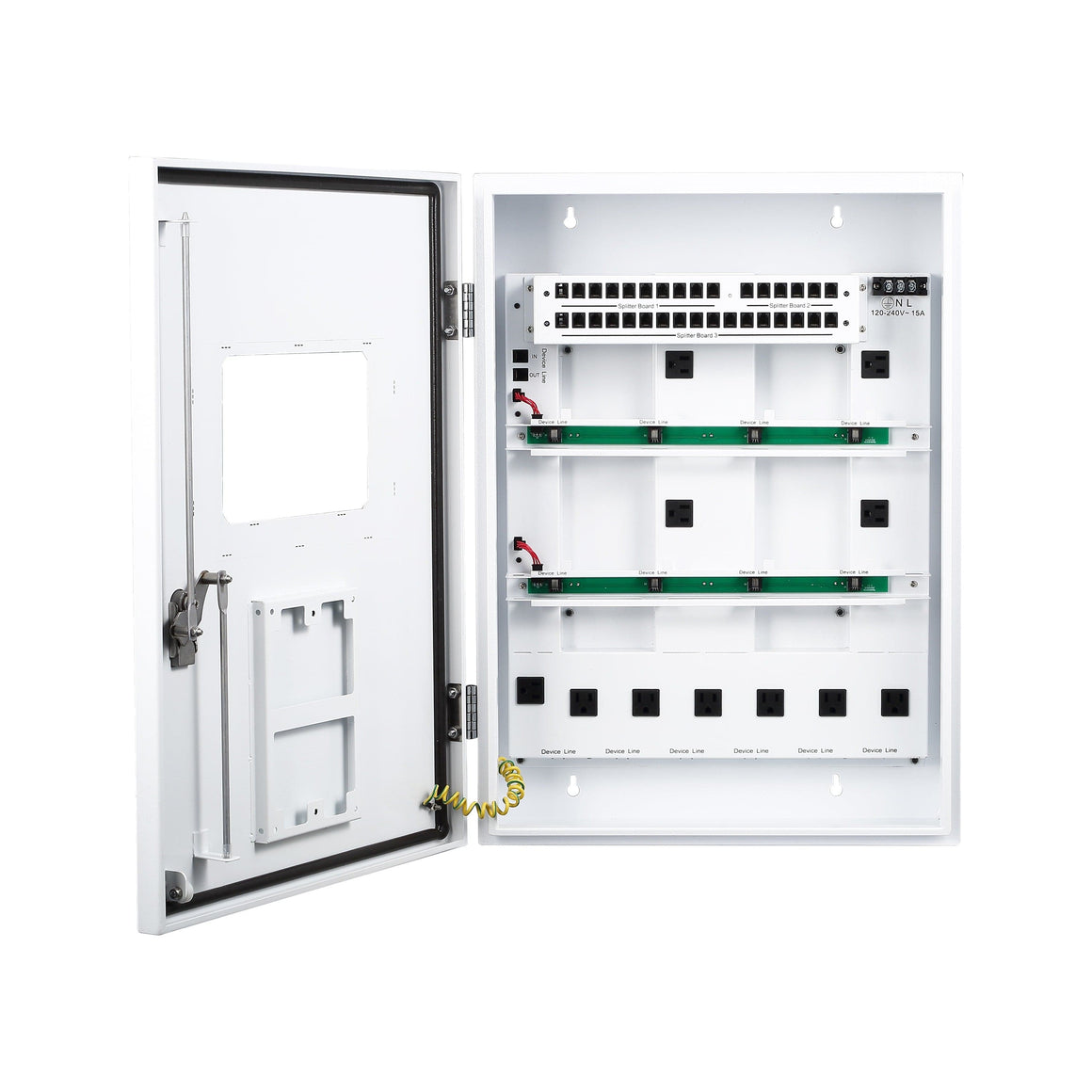 Open white metal control cabinet with input/output ports, splitter boards, and power outlets.