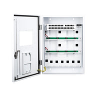 Open white metal control cabinet with input/output ports, splitter boards, and power outlets.