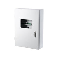 White controller cabinet with a cut-out showing a circuit board and a metal latch on the front.