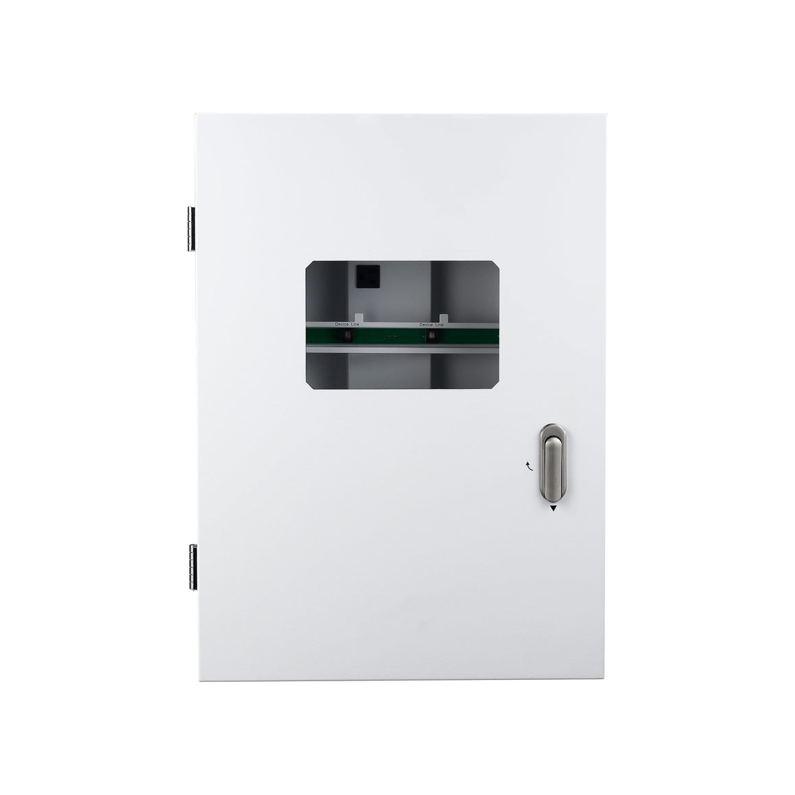 White metal controller cabinet with a window showing electrical components and a silver handle.