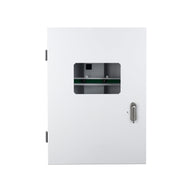 White metal controller cabinet with a window showing electrical components and a silver handle.