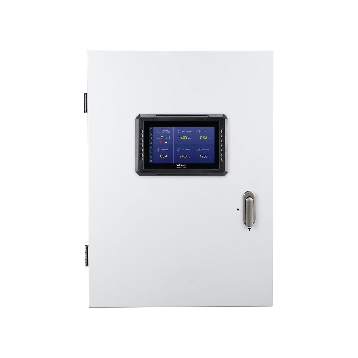 White cabinet with touch screen display showing environmental data.