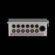 A white metal controller cabinet with a grey lid has multiple black cable glands and ventilation slits on the front.