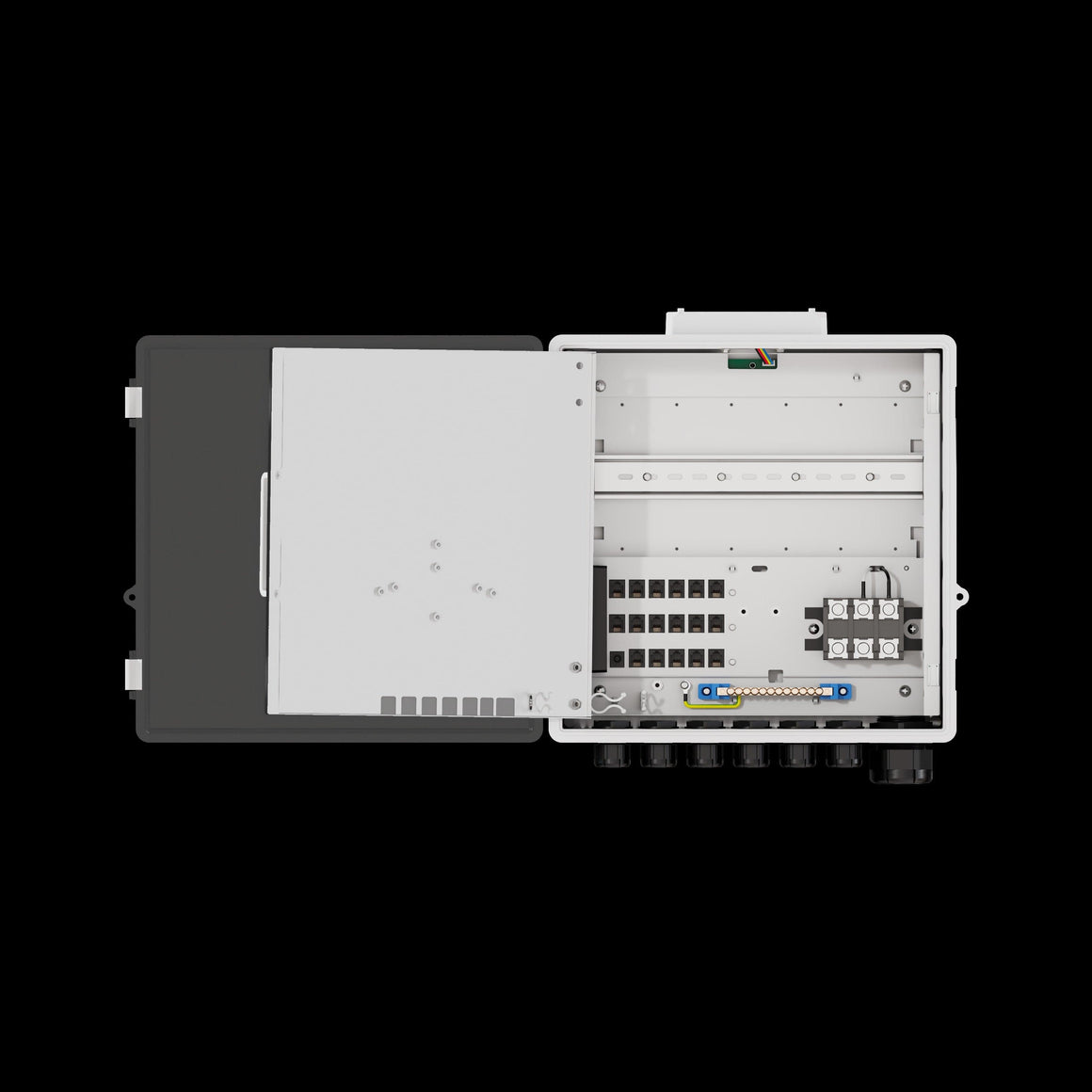 Open solar charge controller cabinet with internal components, including network ports, terminal blocks, and wiring.