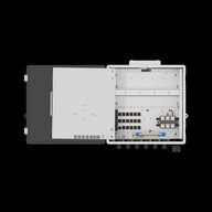 Open solar charge controller cabinet with internal components, including network ports, terminal blocks, and wiring.
