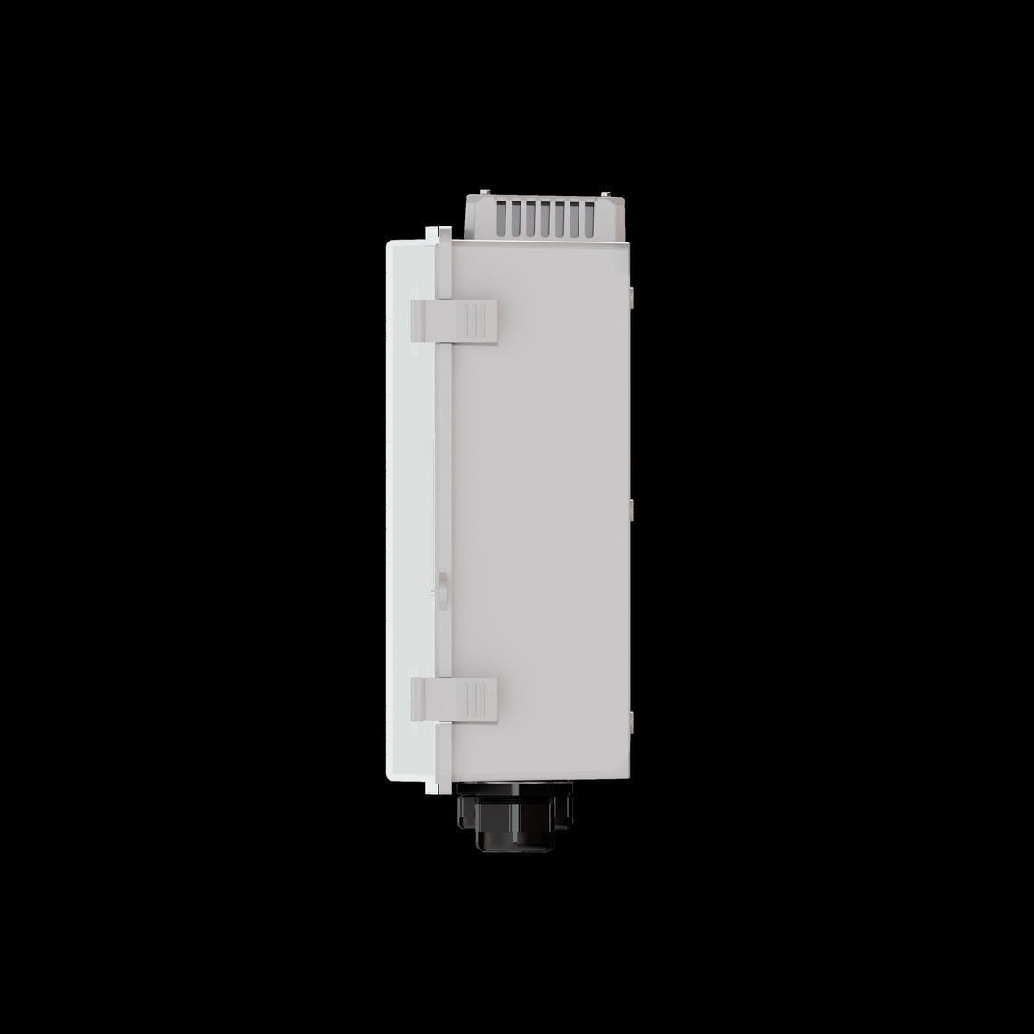 TrolMaster SCC-4 Mini controller cabinet, white, side view, with mounting clips and connector.