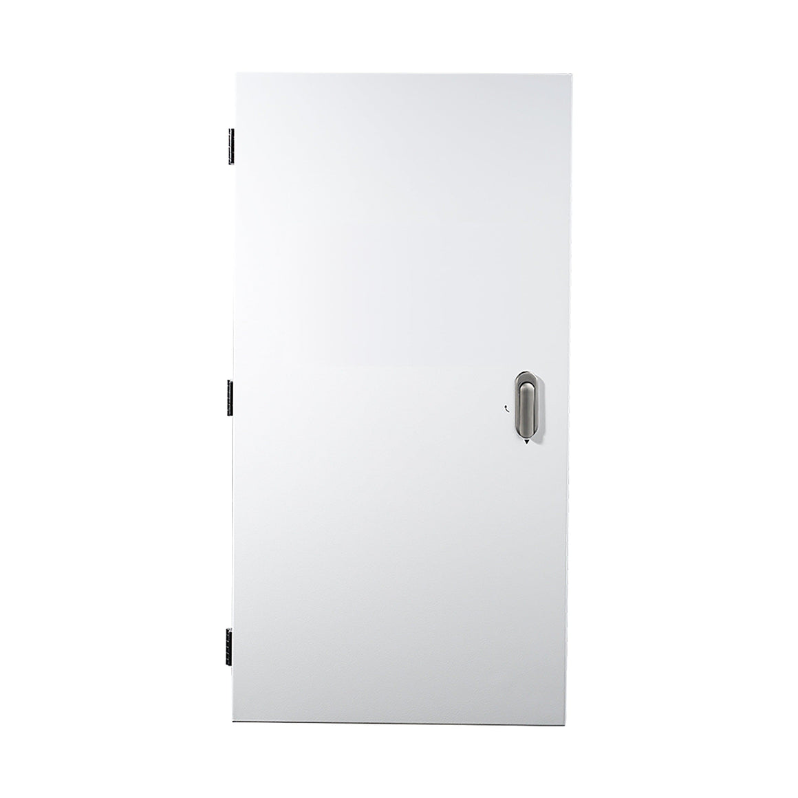 A white replacement door for a trolmaster scc-2 with a silver handle and hinges.