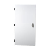 A white replacement door for a trolmaster scc-2 with a silver handle and hinges.