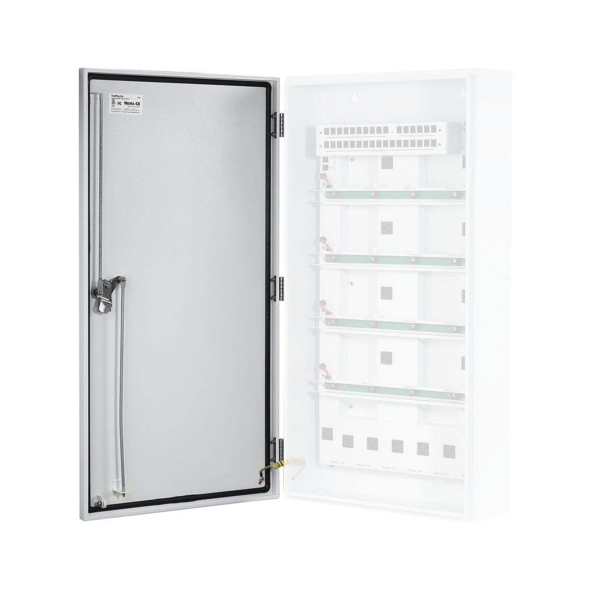 Open gray metal enclosure with a white interior and circuit boards.