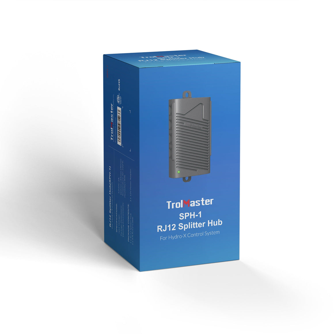 TrolMaster SPH-1 RJ12 splitter hub for Hydro-X control system on a blue box.